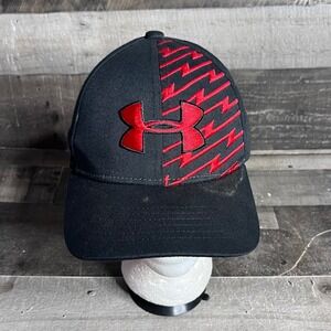 Under Armour Mens Black Red Lightning Bolt Logo Baseball Hat Cap Structured